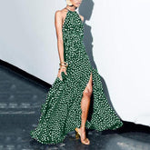 Polka dots print party dress wave point maxi Dresses  Elegant halter slit ruffle summer dress Boho long vestidos mujer